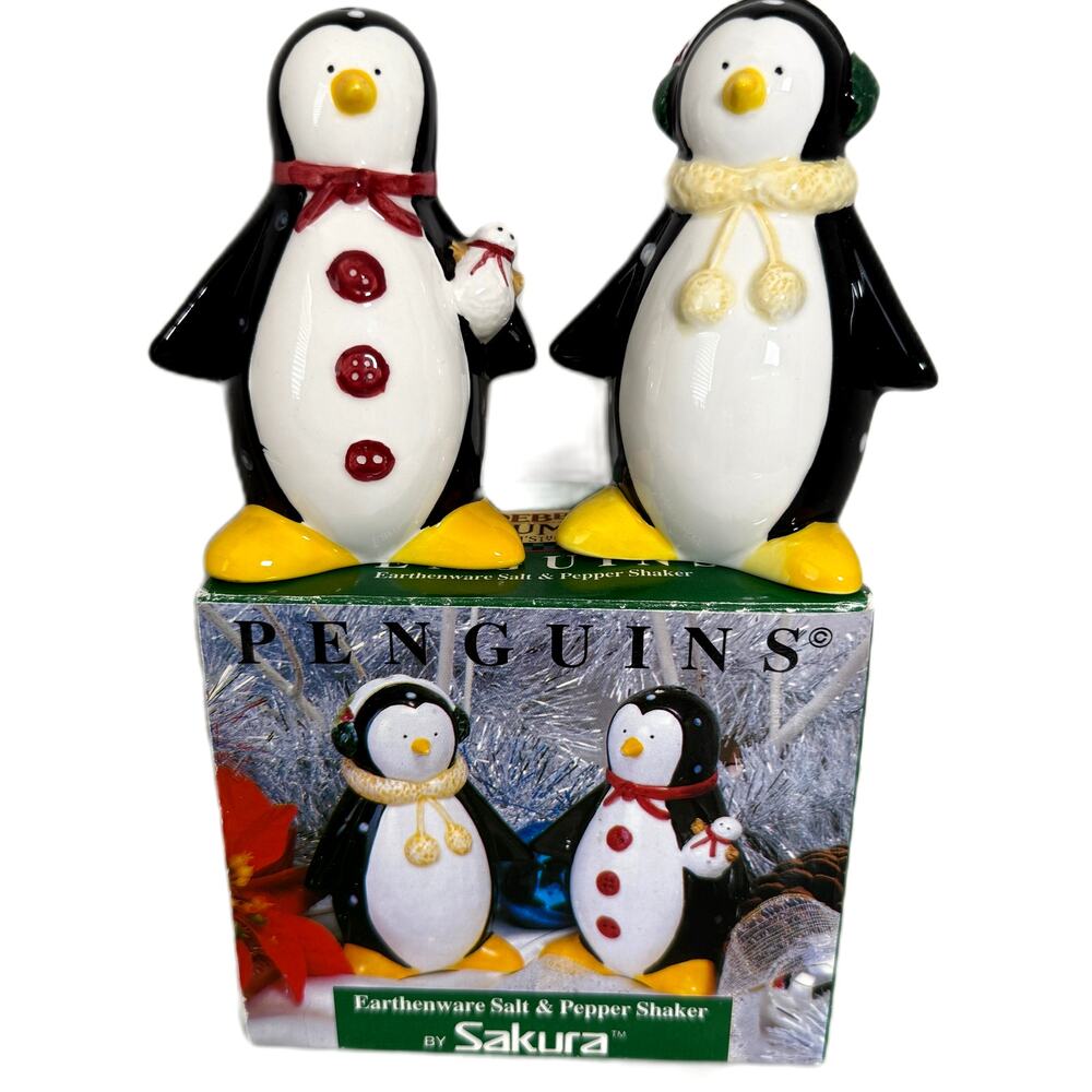 Sakura Debbie Mum Penguin Earthenware Salt Pepper Shaker Set in Box - 5" Tall